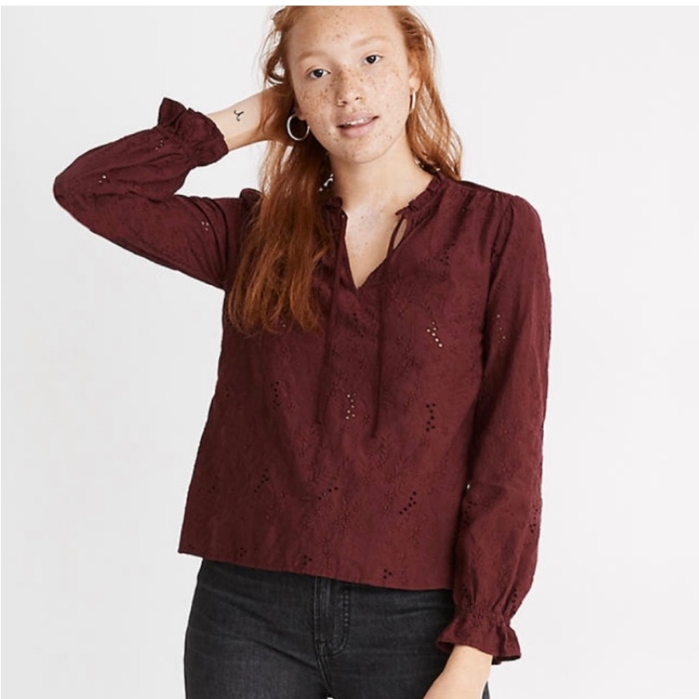 Madewell Size Small Embroidered Eyelet Top Popover Blouse Red Ruffle Long Sleeve